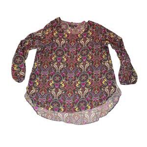 Zac and Rachel Blouse Womens 2X Purple Paisley Long Slit Sleeves Layers Preppy